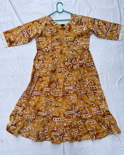 Handmade Batik Frock with Natural Dye – Potli Ball Neck Design Bronze Colour with Half Lining