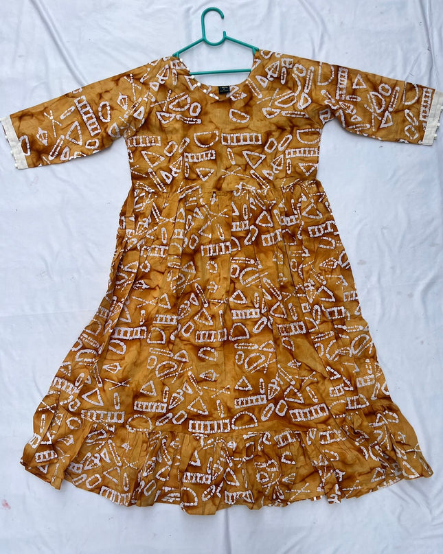 Handmade Batik Frock with Natural Dye – Potli Ball Neck Design Bronze Colour with Half Lining