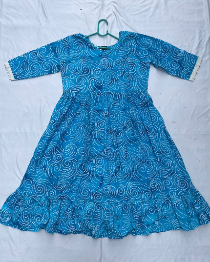 Handmade Batik Frock with Natural Dye – Potli Ball Neck Design Blue Colour with Half Lining