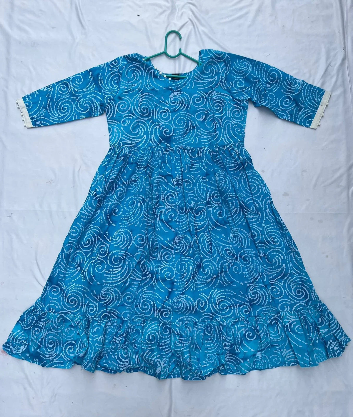 Handmade Batik Frock with Natural Dye – Potli Ball Neck Design Blue Colour with Half Lining