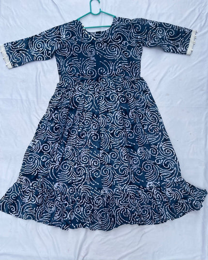 Handmade Batik Frock with Natural Dye – Potli Ball Neck Design Navy Blue Colour with Half Lining