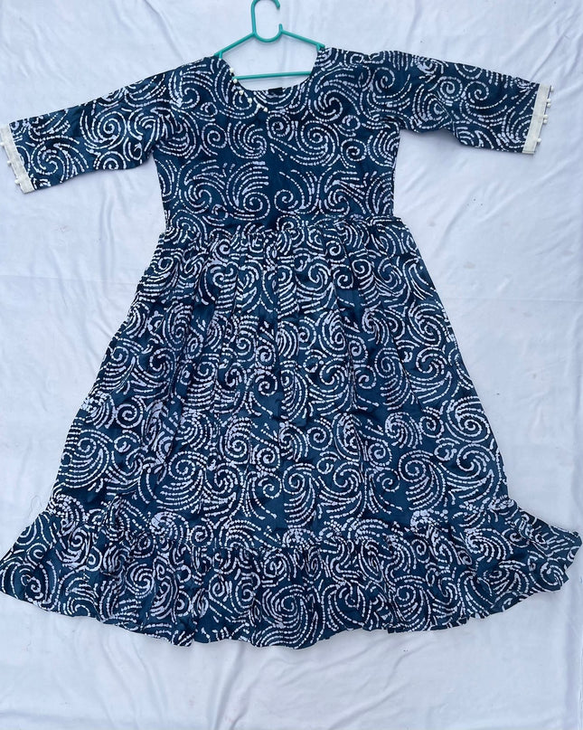 Handmade Batik Frock with Natural Dye – Potli Ball Neck Design Navy Blue Colour with Half Lining