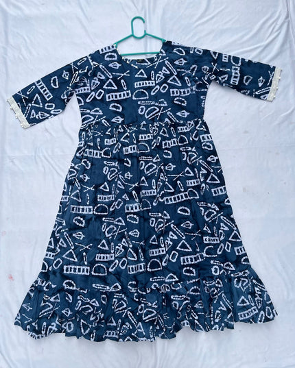 Handmade Batik Frock with Natural Dye – Potli Ball Neck Design Deep Navy Blue Colour with Half Lining