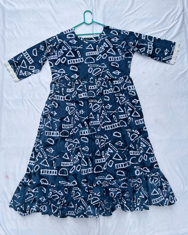 Handmade Batik Frock with Natural Dye – Potli Ball Neck Design Deep Navy Blue Colour with Half Lining