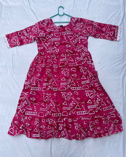 Handmade Batik Frock with Natural Dye – Potli Ball Neck Design Pink Colour with Half Lining