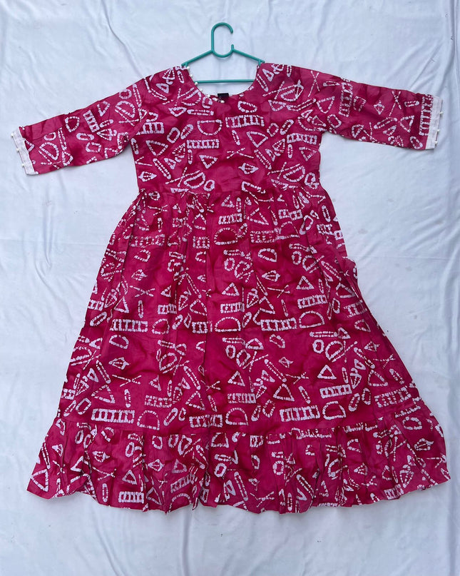 Handmade Batik Frock with Natural Dye – Potli Ball Neck Design Pink Colour with Half Lining
