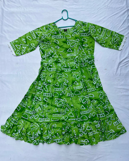 Handmade Batik Frock with Natural Dye – Potli Ball Neck Design Green Colour with Half Lining