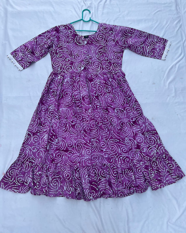 Handmade Batik Frock with Natural Dye – Potli Ball Neck Design Magenta Purple Colour with Half Lining