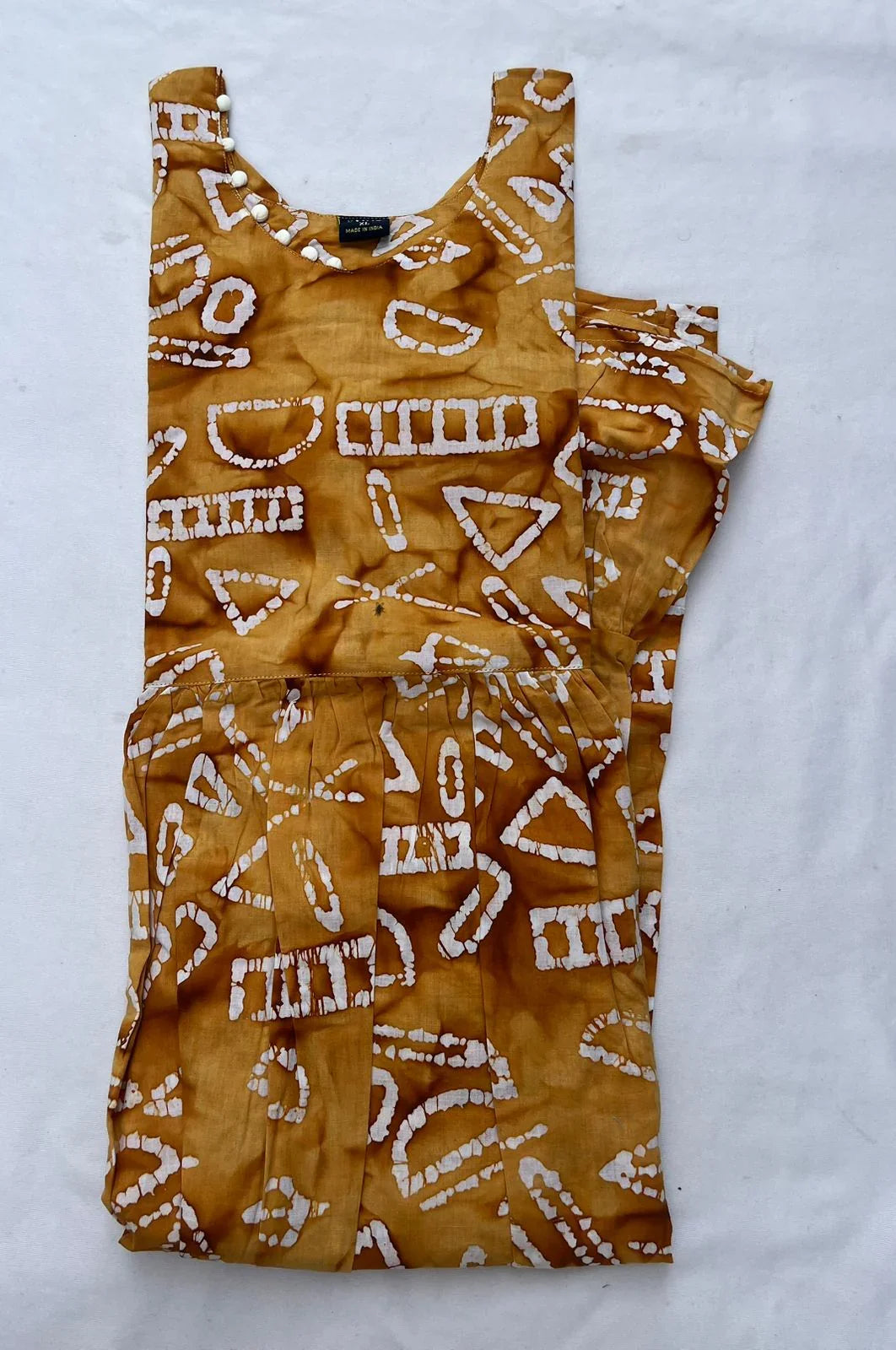 Handmade Batik Frock with Natural Dye – Potli Ball Neck Design Bronze Colour with Half Lining