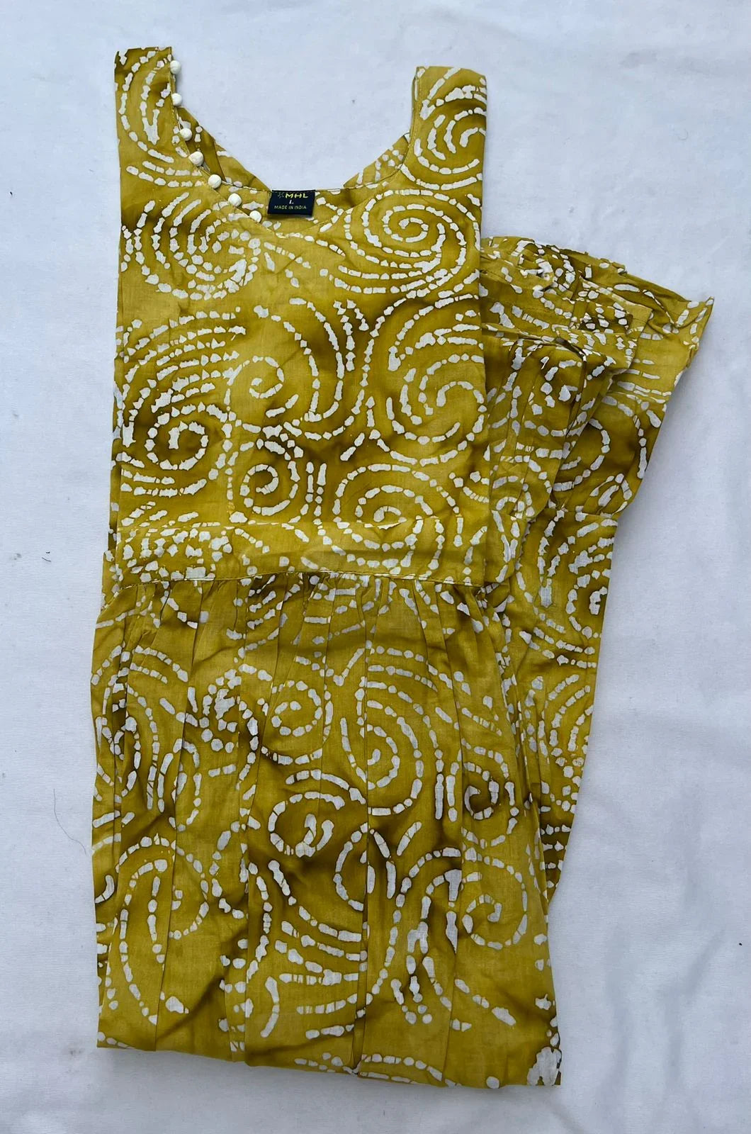 Handmade Batik Frock with Natural Dye – Potli Ball Neck Design Yellow Colour