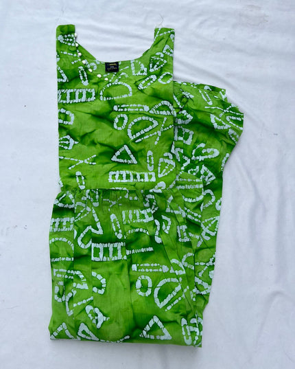 Handmade Batik Frock with Natural Dye – Potli Ball Neck Design Green Colour with Half Lining