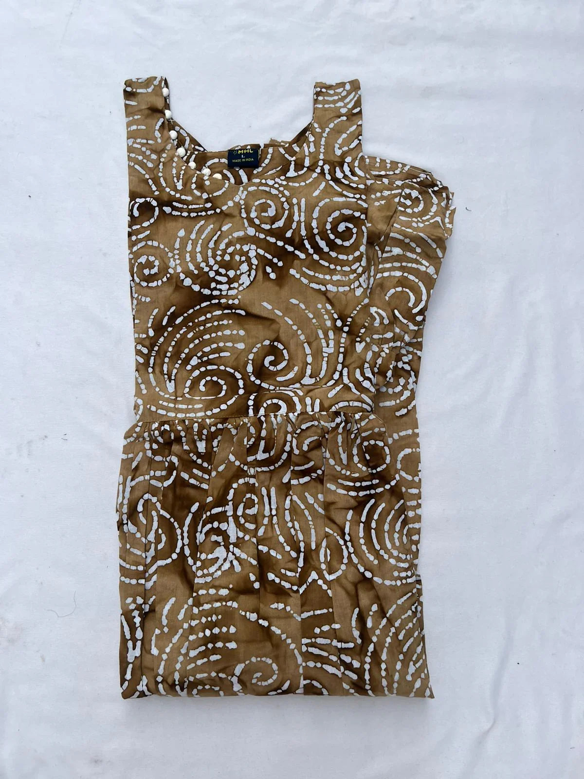 Handmade Batik Frock with Natural Dye – Potli Ball Neck Design Coffee Colour with Half Lining