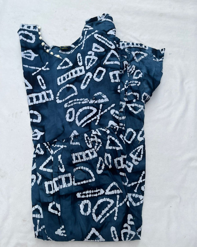 Handmade Batik Frock with Natural Dye – Potli Ball Neck Design Deep Navy Blue Colour with Half Lining