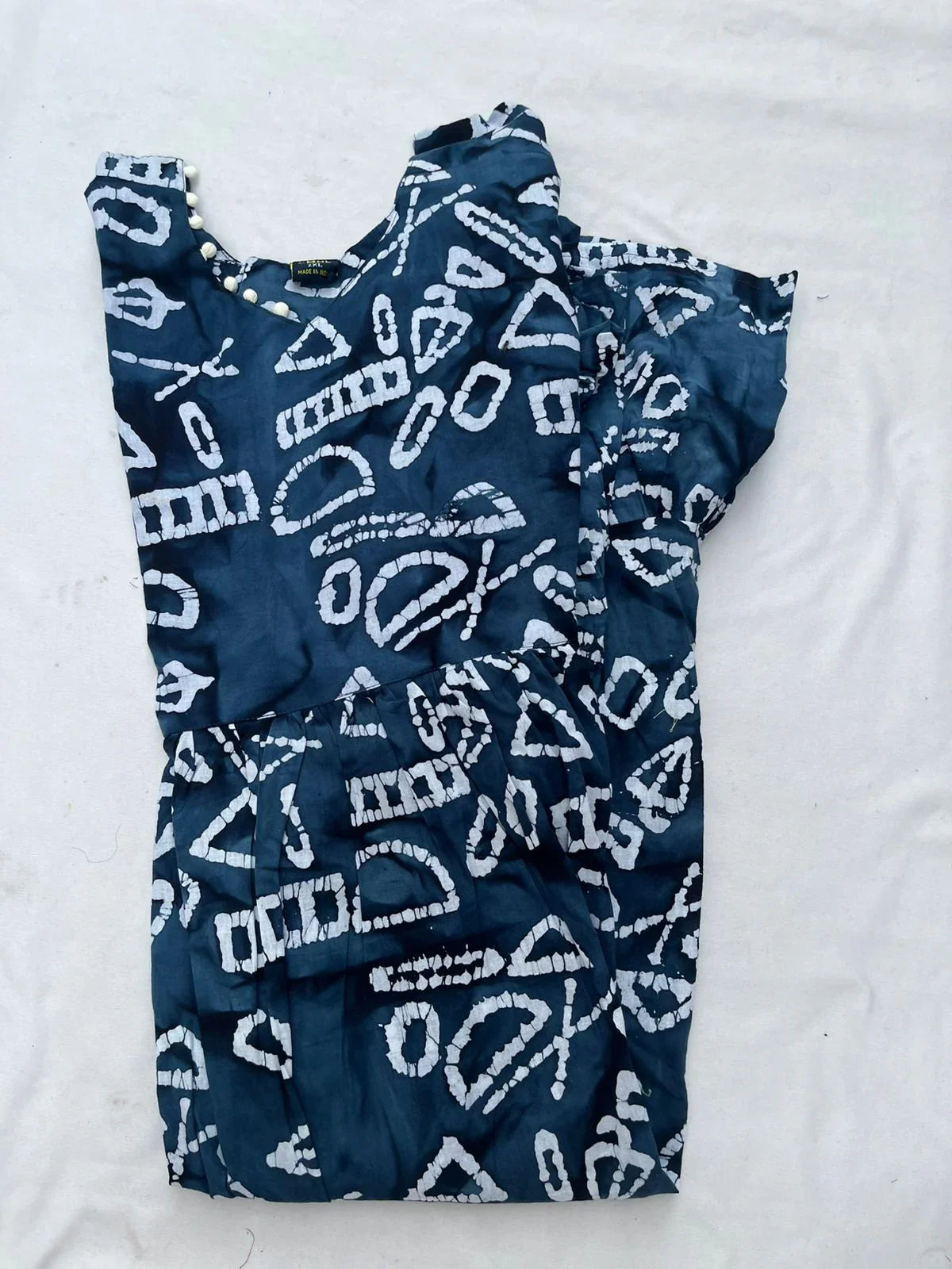 Handmade Batik Frock with Natural Dye – Potli Ball Neck Design Deep Navy Blue Colour with Half Lining
