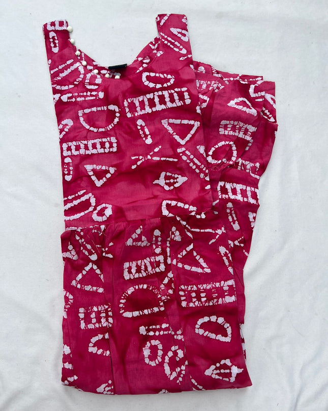 Handmade Batik Frock with Natural Dye – Potli Ball Neck Design Pink Colour with Half Lining