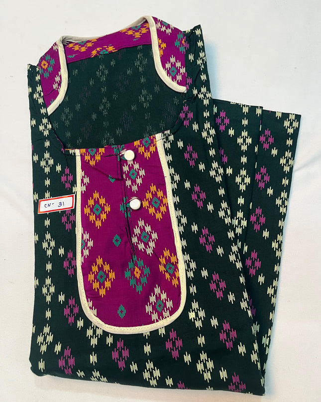 Free Style Collar Nighty with Buttons – Green Colour