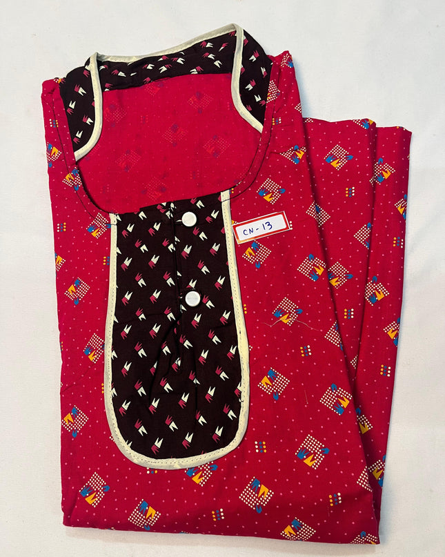 Free Style Collar Nighty with Buttons – Red Colour