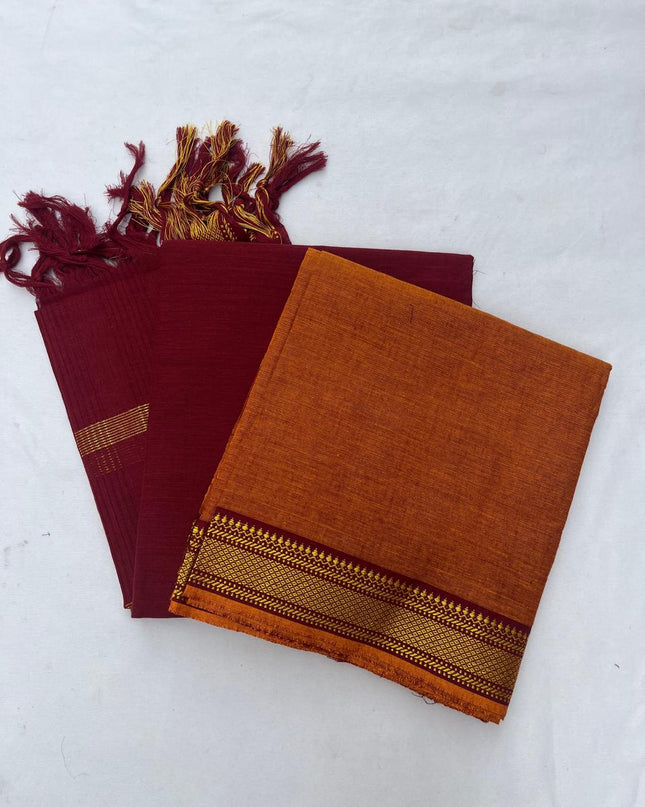 Mangalagiri Dress Material with thread border Maroon and Orange Colour