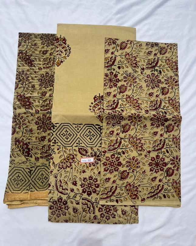 Pure Cotton Hand block Printed Dress Material – Leaf Brown Colour Ethnic Wear for Women