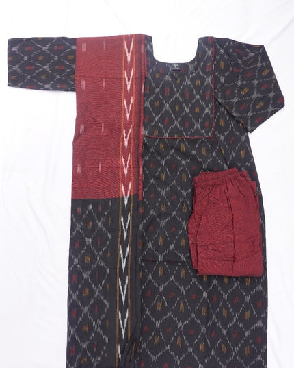 Premium Ikkat 3 Piece Stitched Set – Ready to Wear Kurta, Bottom & Dupatta – Black Colour Handloom Ethnic Wear