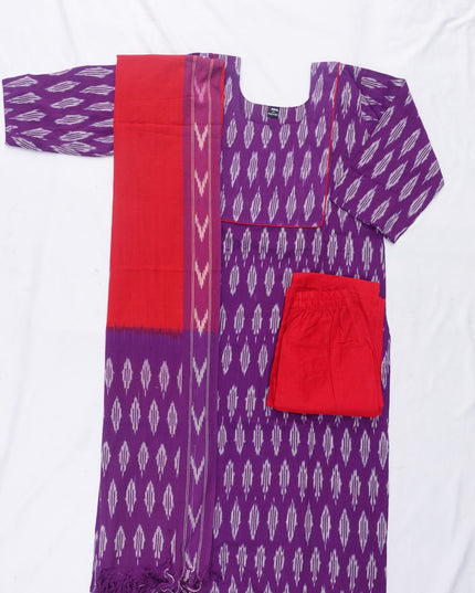 Premium Ikkat 3 Piece Stitched Set – Ready to Wear Kurta, Bottom & Dupatta – Royal Lavender Handloom Ethnic Wear