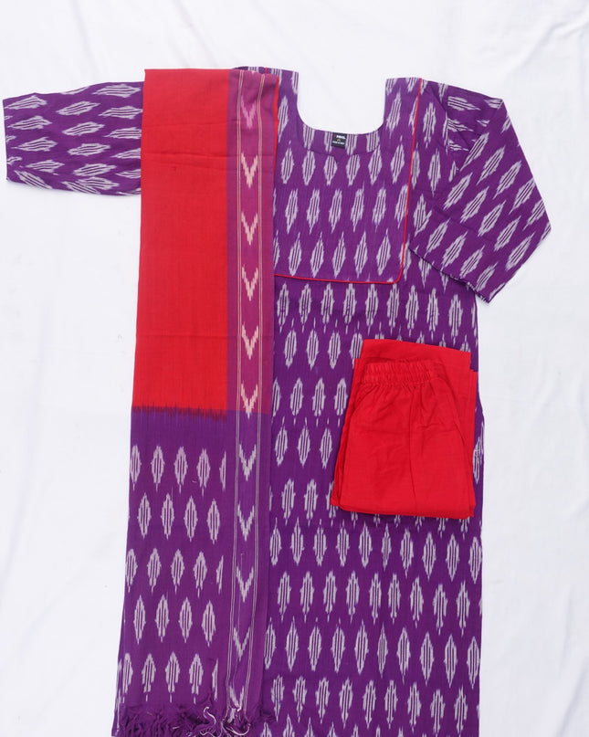 Premium Ikkat 3 Piece Stitched Set – Ready to Wear Kurta, Bottom & Dupatta – Royal Lavender Handloom Ethnic Wear