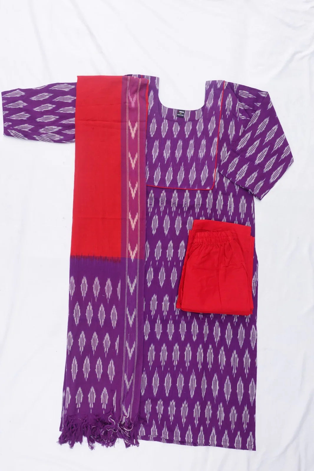 Premium Ikkat 3 Piece Stitched Set – Ready to Wear Kurta, Bottom & Dupatta – Royal Lavender Handloom Ethnic Wear