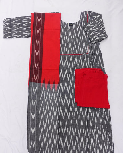 Premium Ikkat 3 Piece Stitched Set – Ready to Wear Kurta, Bottom & Dupatta –Light Gray Colour Handloom Ethnic Wear