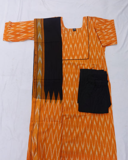 Premium Ikkat 3 Piece Stitched Set – Ready to Wear Kurta, Bottom & Dupatta – Yellow Handloom Ethnic Wear