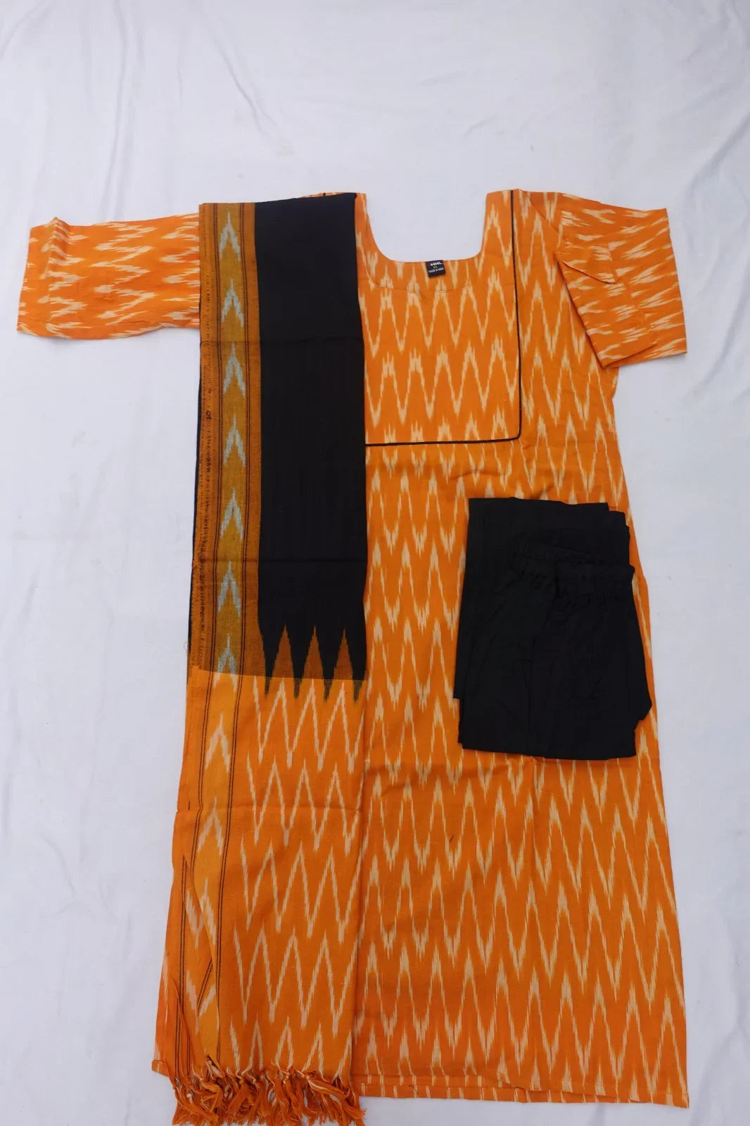 Premium Ikkat 3 Piece Stitched Set – Ready to Wear Kurta, Bottom & Dupatta – Yellow Handloom Ethnic Wear