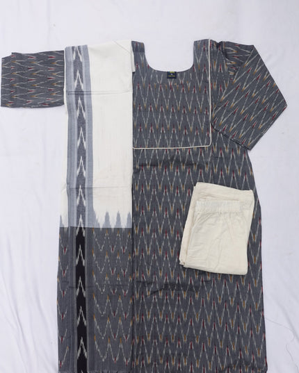 Premium Ikkat 3 Piece Stitched Set – Ready to Wear Kurta, Bottom & Dupatta – Gray colour Handloom Ethnic Wear