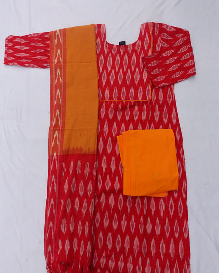 Premium Ikkat 3 Piece Stitched Set – Ready to Wear Kurta, Bottom & Dupatta – Red Colour Handloom Ethnic Wear