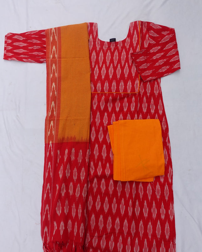 Premium Ikkat 3 Piece Stitched Set – Ready to Wear Kurta, Bottom & Dupatta – Red Colour Handloom Ethnic Wear