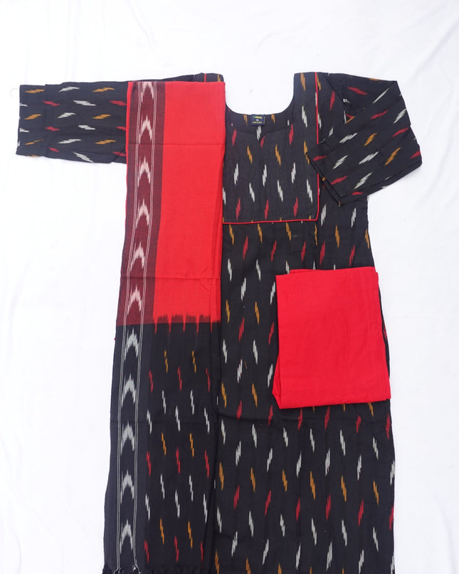 Premium Ikkat 3 Piece Stitched Set – Ready to Wear Kurta, Bottom & Dupatta – Black Colour Handloom Ethnic Wear