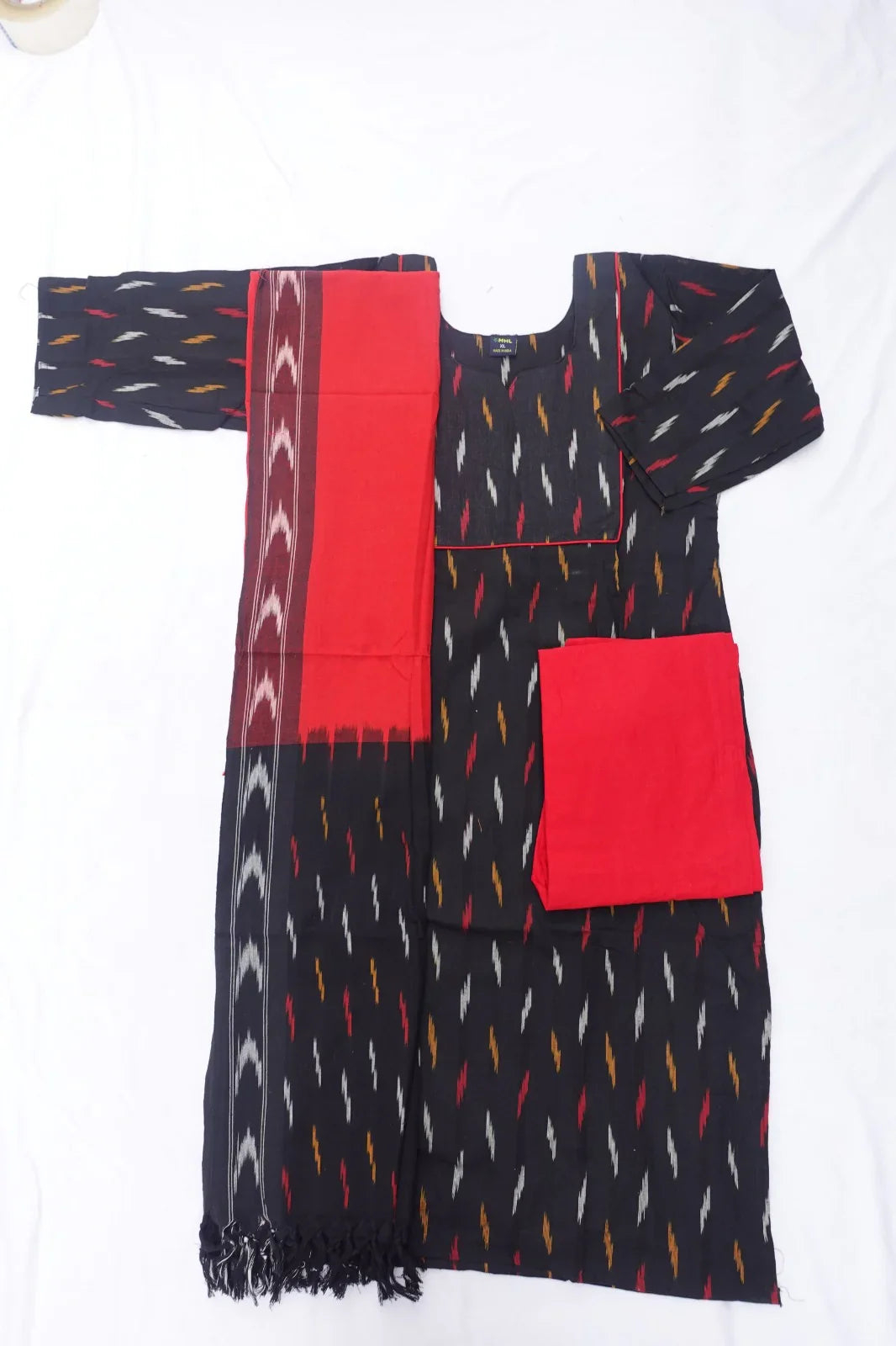 Premium Ikkat 3 Piece Stitched Set – Ready to Wear Kurta, Bottom & Dupatta – Black Colour Handloom Ethnic Wear