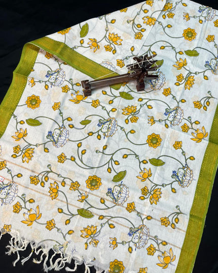 Mangalagiri Kalmkari Dupatts Cotton Fabric Pesara Green Colour