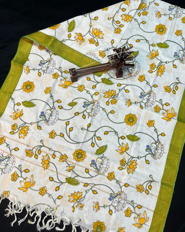 Mangalagiri Kalmkari Dupatts Cotton Fabric Pesara Green Colour