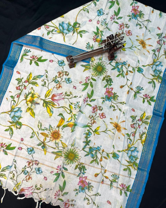Mangalagiri Kalmkari Dupatts Cotton Fabric Sky Blue Colour