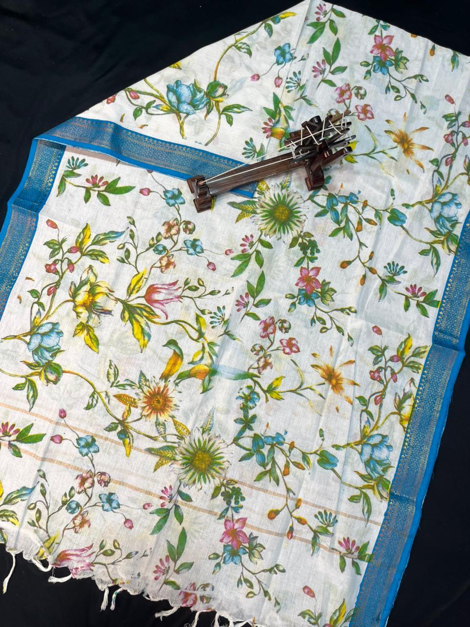 Mangalagiri Kalmkari Dupatts Cotton Fabric Sky Blue Colour