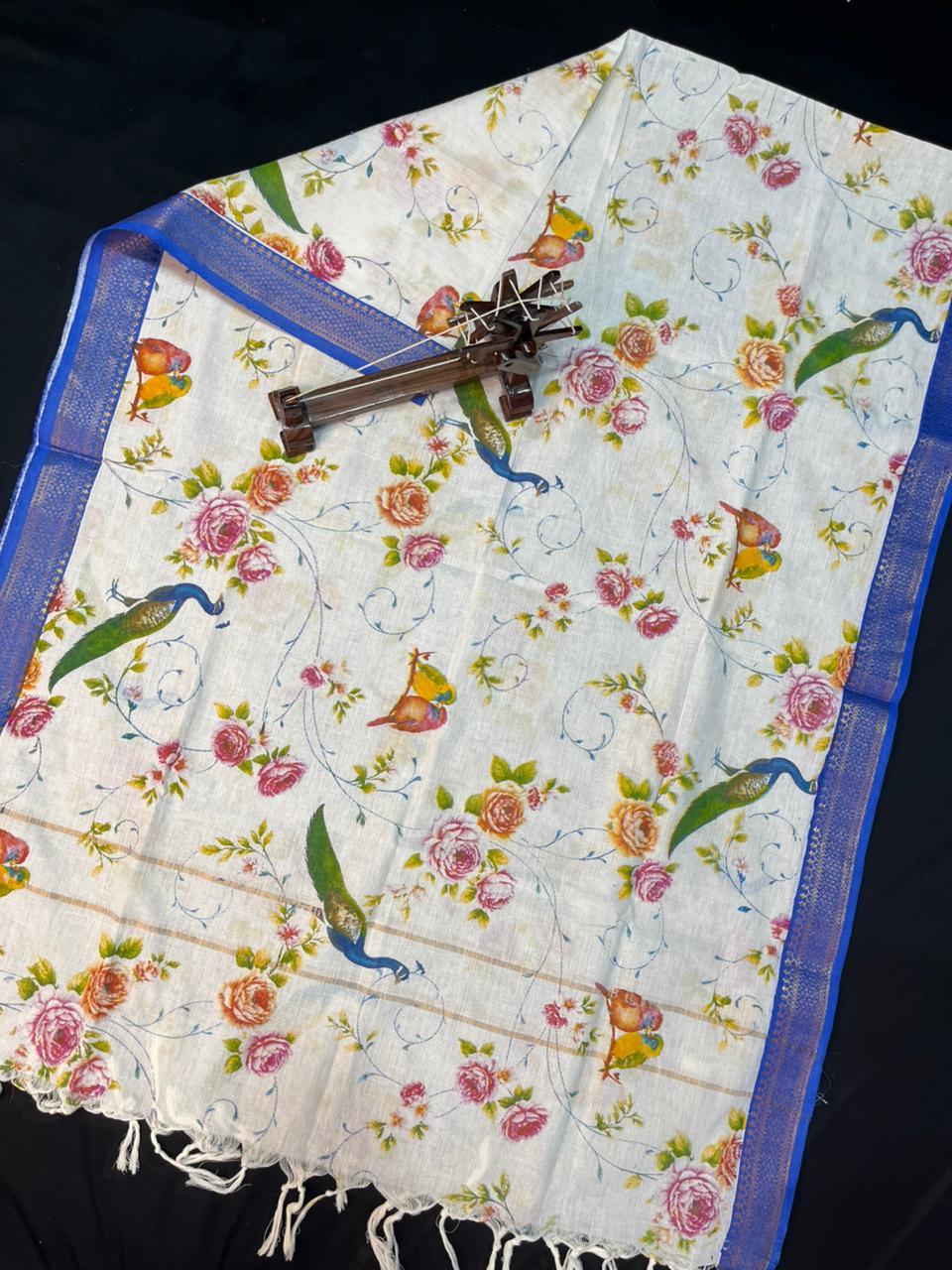 Mangalagiri Kalmkari Dupatts Cotton Fabric Blue Colour