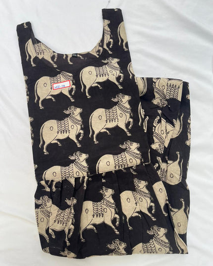 Kalamkari Pichwai Cow Design Frock – Black Colour | Handloom Ethnic Wear with Half Lining