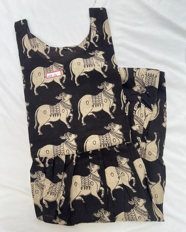 Kalamkari Pichwai Cow Design Frock – Black Colour | Handloom Ethnic Wear with Half Lining