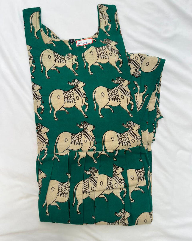 Kalamkari Pichwai Cow Design Frock – Teal Colour | Handloom Ethnic Wear with Half Lining