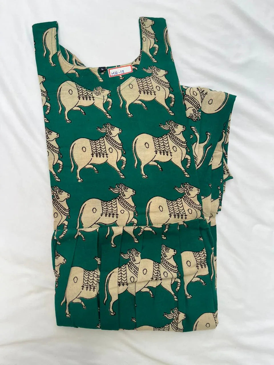Kalamkari Pichwai Cow Design Frock – Teal Colour | Handloom Ethnic Wear with Half Lining
