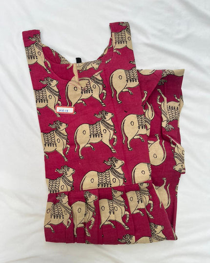 Kalamkari Pichwai Cow Design Frock – Pink Colour | Handloom Ethnic Wear with Half Lining