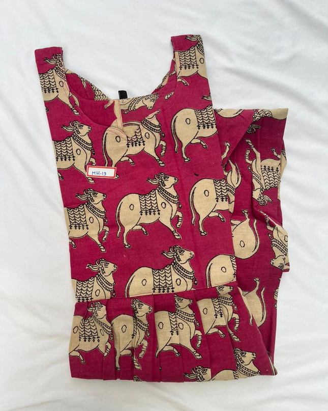 Kalamkari Pichwai Cow Design Frock – Pink Colour | Handloom Ethnic Wear with Half Lining