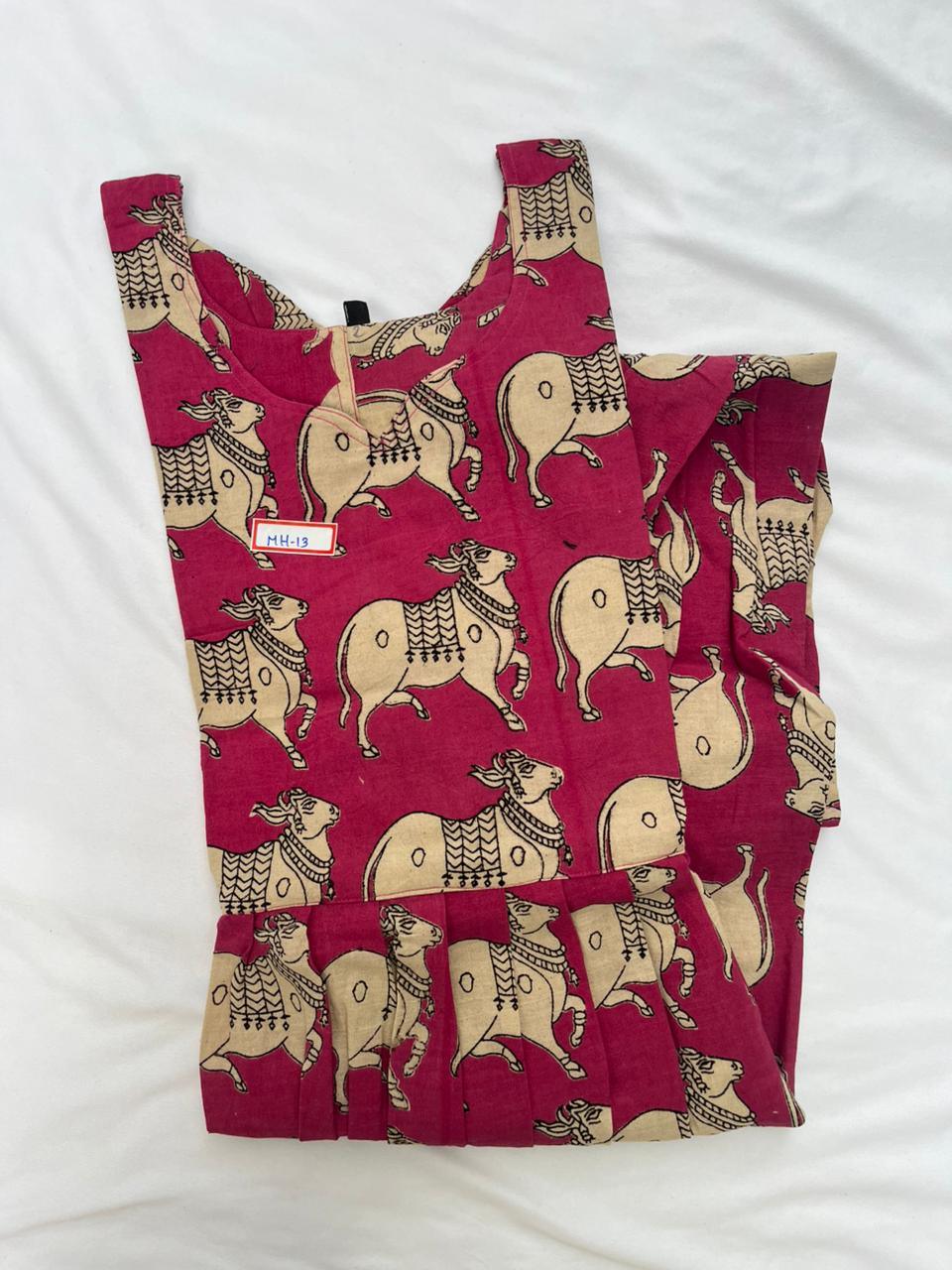 Kalamkari Pichwai Cow Design Frock – Pink Colour | Handloom Ethnic Wear with Half Lining