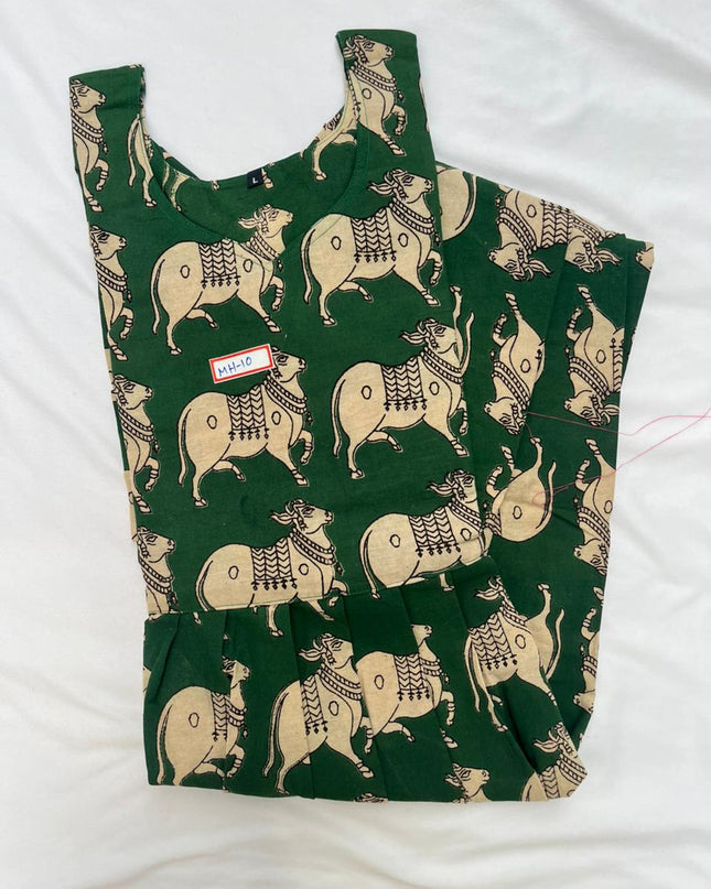 Kalamkari Pichwai Cow Design Frock – Green Colour | Handloom Ethnic Wear with Half Lining