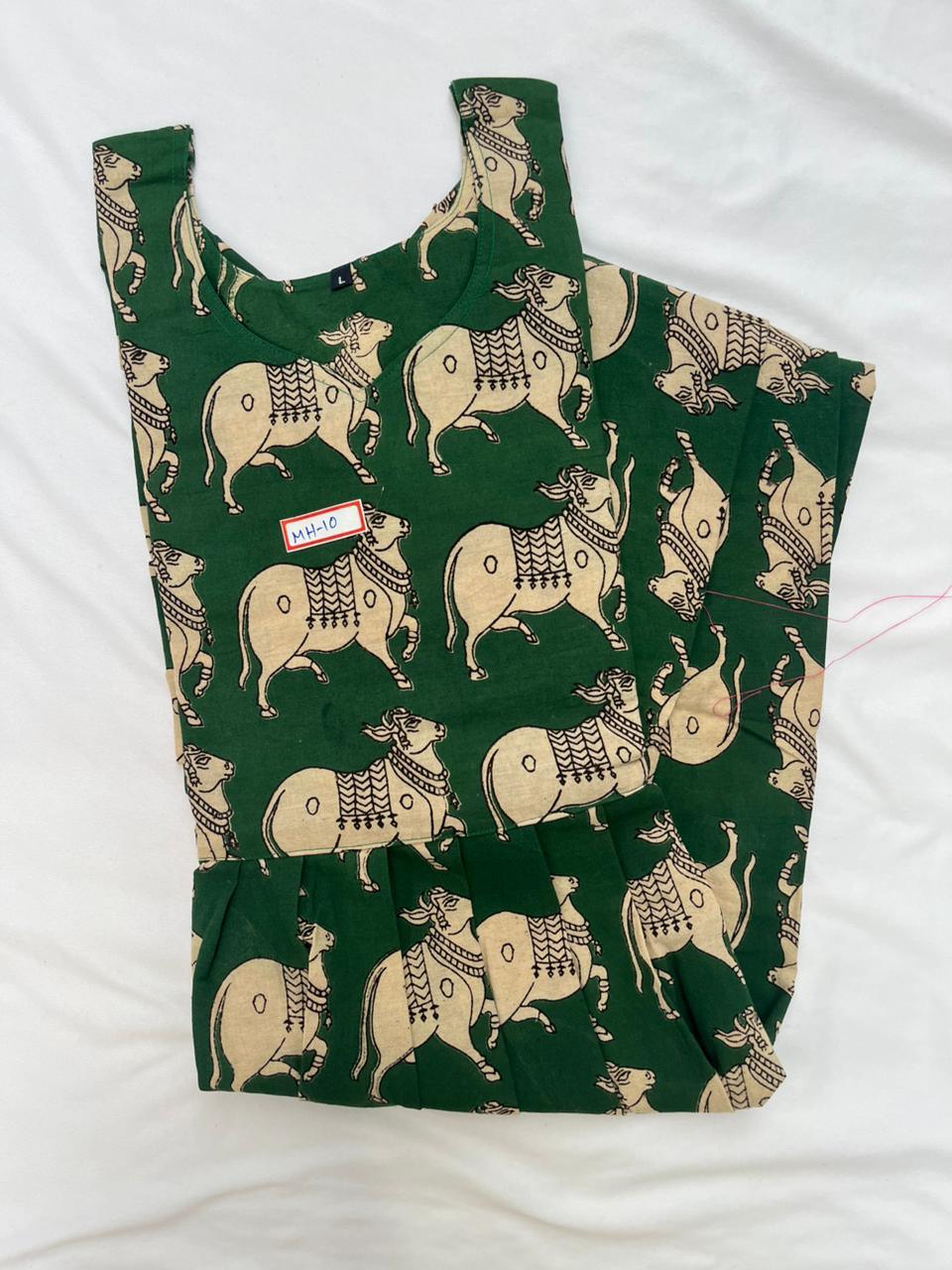 Kalamkari Pichwai Cow Design Frock – Green Colour | Handloom Ethnic Wear with Half Lining