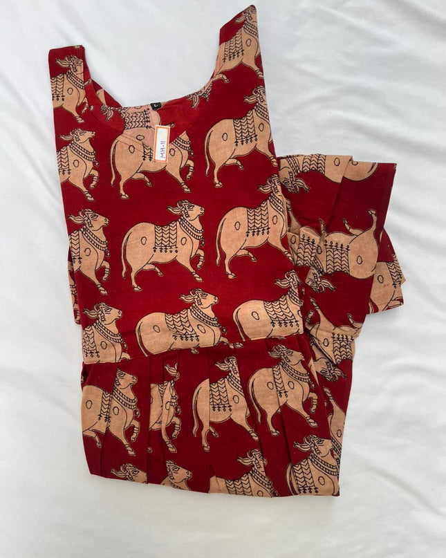 Kalamkari Pichwai Cow Design Frock – Red Colour | Handloom Ethnic Wear with Half Lining